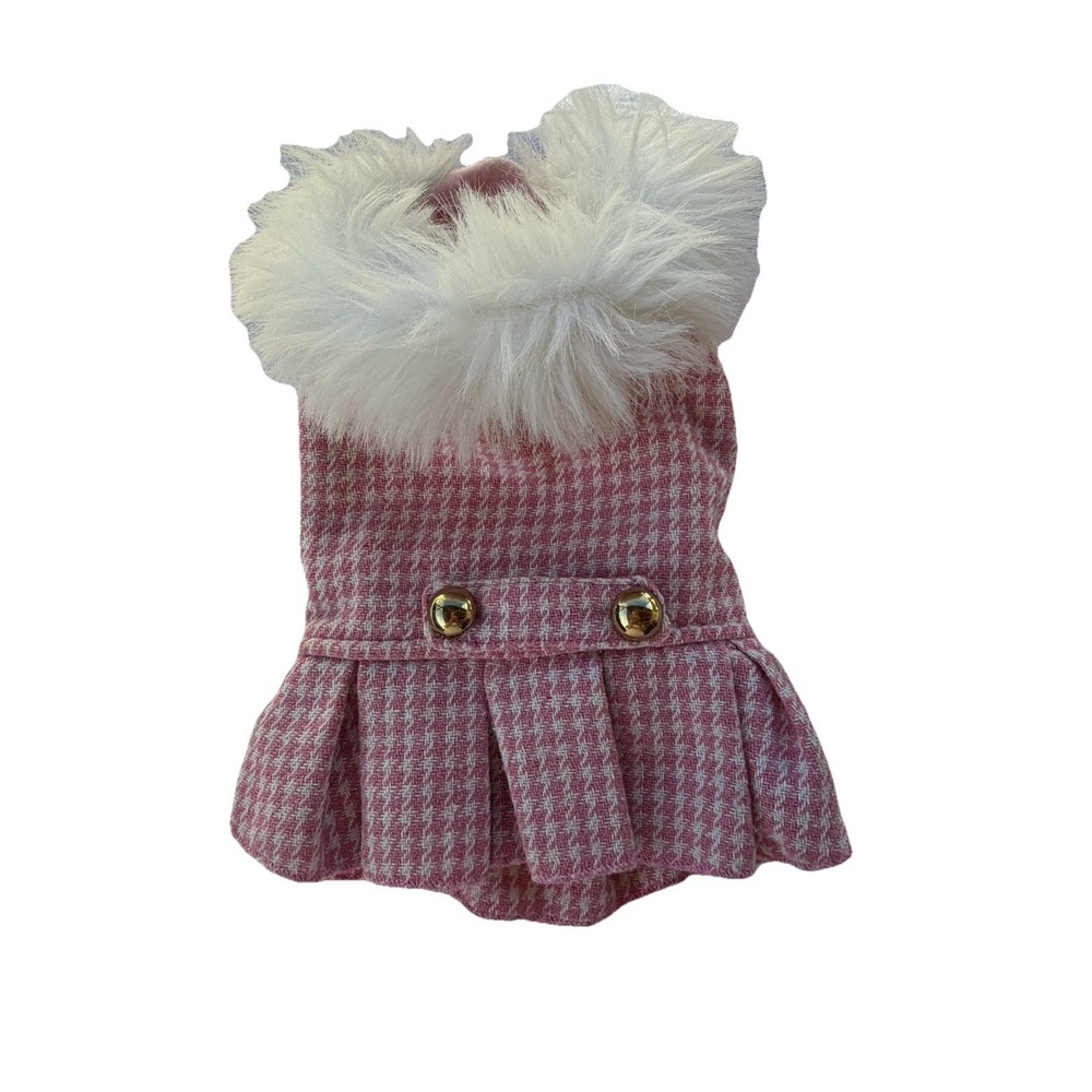 Coco Lane Couture Pink Houndstooth Dog Dress Coat Faux Fur Trim XS Puppy Small